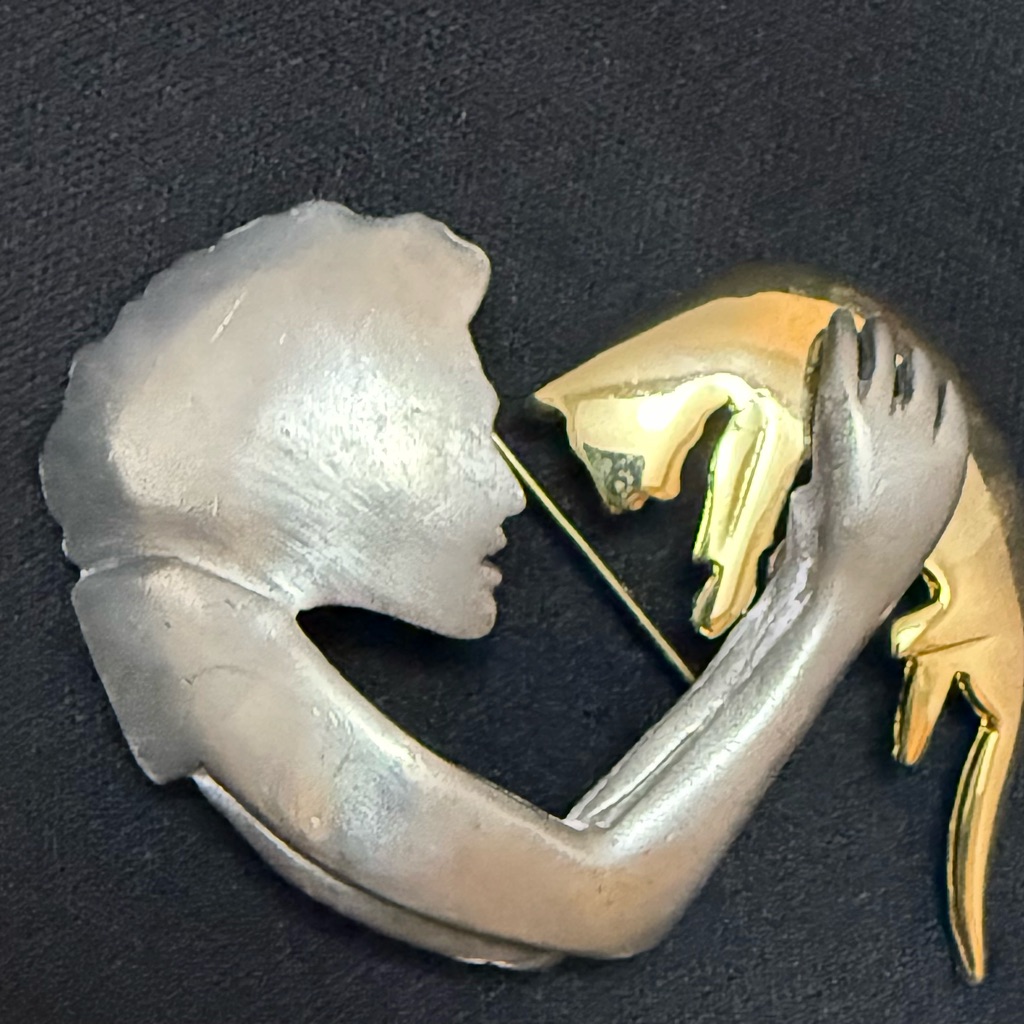 Silver And Gold Woman With Cat Brooch